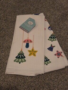 Holiday Embroidered White Kitchen Towels with Colorful Ornaments Set Of 2